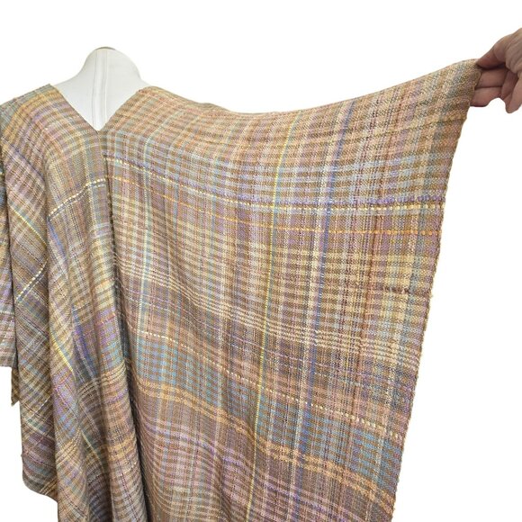 Laise Adzer Handwoven Plaid Cape Shawl Pastel Tan Multicolor Ribbon CM2057 - Picture 10 of 11